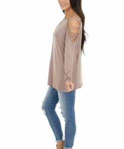 BiBi Tops Taupe Long Sleeve Knit Top With Ladder Detail