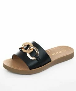 FORTUNE DYNAMIC Shoes Black Pleather Band Sandals With Chain Detail