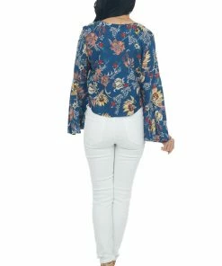Nostalgia Tops Navy Floral Print Blouse With Long Sleeves