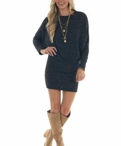 143 Story Heathered Black Blouson Sweater Dress