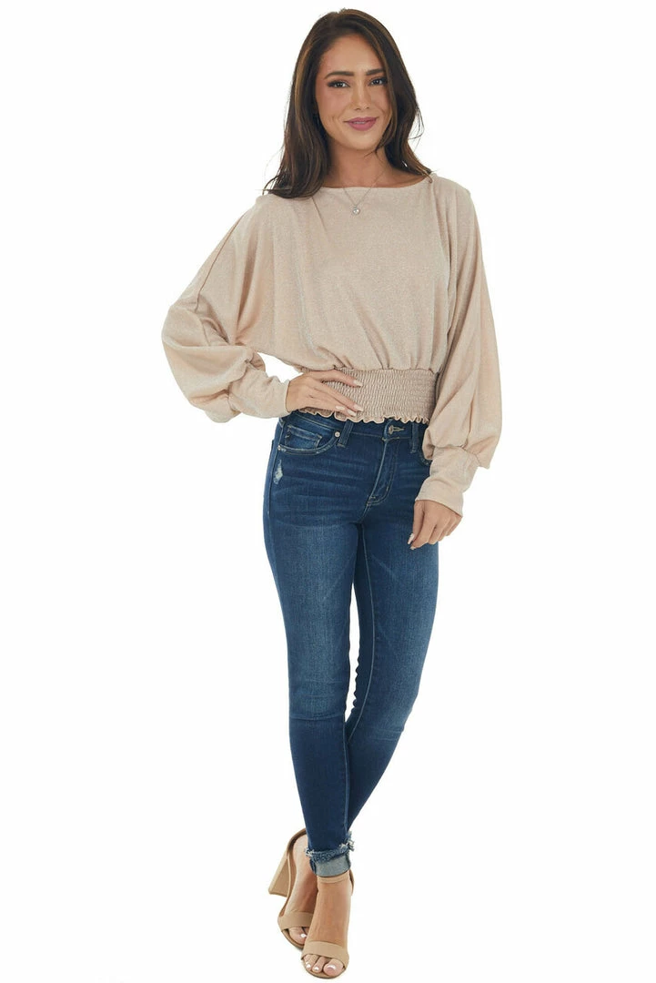 143 Story Tops Champagne Glitter Smocked Waist Boat Neck Top 13 143 Story Tops Champagne Glitter Smocked Waist Boat Neck Top