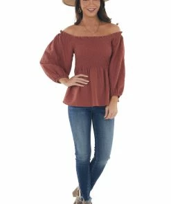 Hailey & Co Marsala Textured Smocked Bodice 3/4 Sleeve Top 28 Hailey & Co Marsala Textured Smocked Bodice 3/4 Sleeve Top