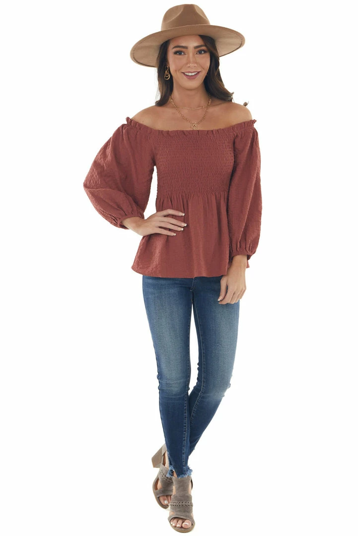 Hailey & Co Marsala Textured Smocked Bodice 3/4 Sleeve Top 13 Hailey & Co Marsala Textured Smocked Bodice 3/4 Sleeve Top