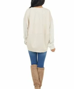 Umgee Tops Oatmeal Contrasting Long Sleeve Top With Side Slit Detail