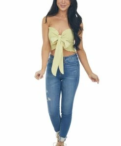Blue Buttercup Straw Strapless Smocked Woven Crop Top With Tie Detail
