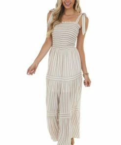 She + Sky Copper And Off White Striped Woven Maxi Dress