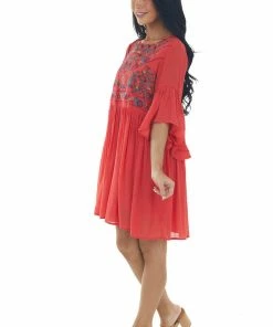 Umgee Ruby Red Floral Embroidered Flowy Short Dress