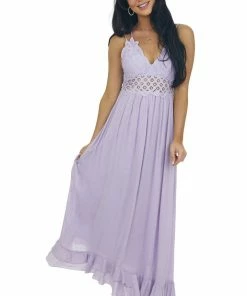 HYFVE Lavender Lace V Neck Maxi Dress With Ruffle Hem Dresses