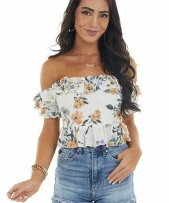 Illa Illa Tops Ivory Floral Print Off The Shoulder Crop Top