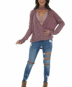 CY Fashion Burgundy And White Surplice Knit Top With Choker Neckline