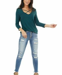 Lime 'N' Chili Pine Green 3/4 Sleeve Knit Top With Criss Cross Details 31 Lime 'N' Chili Pine Green 3/4 Sleeve Knit Top With Criss Cross Details