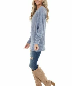 Peach Love Tops Slate Blue Loose Knit Off Shoulder Top With Dolman Sleeves