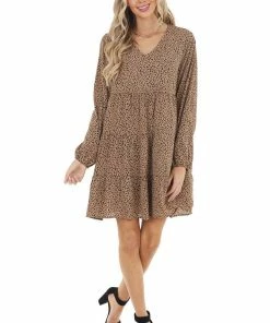 Cotton Bleu Latte Leopard Print Tiered Short Dress With Long Sleeves Dresses