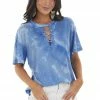 Davi & Dani Cobalt Tie Dye Lace Up V Neck Short Sleeve Tee