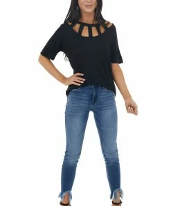 BiBi Tops Black Short Sleeve Knit Top With Caged Neckline 36 BiBi Tops Black Short Sleeve Knit Top With Caged Neckline