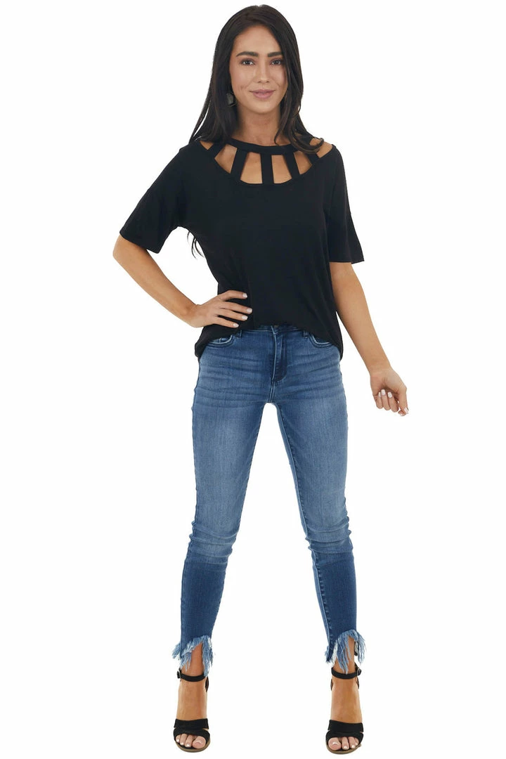 BiBi Tops Black Short Sleeve Knit Top With Caged Neckline 19 BiBi Tops Black Short Sleeve Knit Top With Caged Neckline