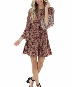 Jodifl Dusty Rose Cheetah Print Long Wide Sleeve Short Dress Dresses