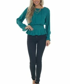 She + Sky Juniper Smocked Waist Bubble Sleeve Peplum Top Tops