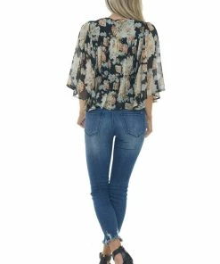 Entro Black Floral Flare Sleeve V Neck Babydoll Top Tops
