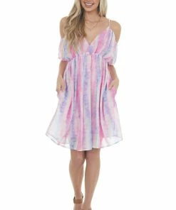 Davi & Dani Dresses Thulian Pink Tie Dye Cold Shoulder Mini Dress
