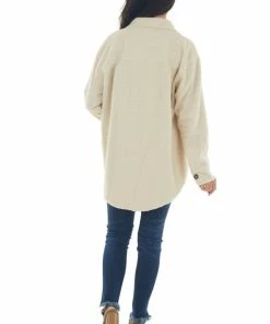 Kori America Cream Shearling Texture Button Up Shirt Jacket Tops
