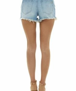 Special A Bottoms Vintage Medium Wash High Rise Distressed Hem Denim Shorts