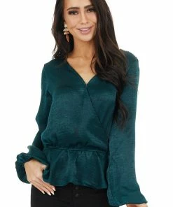 Caramela Pine Green Satin Surplice Blouse With Elastic Ruffle Hemline Tops