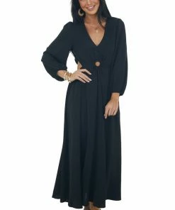 Entro Black Waist Cut Out Ring Detail Maxi Dress