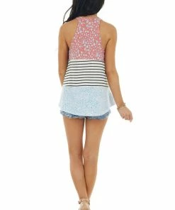 143 Story Tops Powder Blue Multiprint Knit Tank Top With Halter Neckline