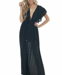 Peach Love Black Button Front Plunging V Neck Maxi Dress