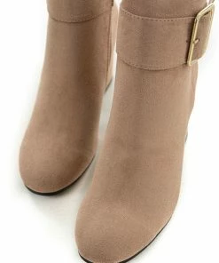 East Lion Corp. Shoes Latte Suede Large Buckle Block Heel Booties