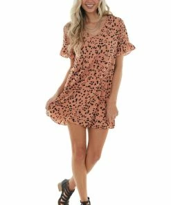 Fantastic Fawn Dresses Pale Spice Cheetah Print V Neck Shift Dress
