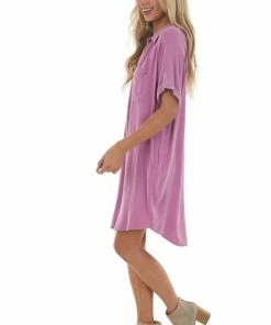 Eesome Dresses Fuchsia Mineral Wash Button Front Shirt Dress