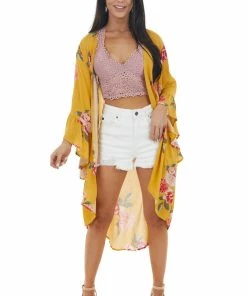 Davi & Dani Mustard Yellow Floral Print Kimono With Flare Sleeves Kimonos
