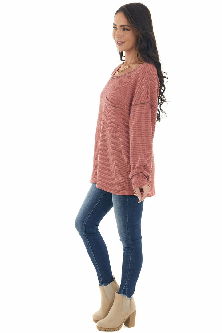 BiBi Hazy Coral Loose Waffle Knit Chest Pocket Top 12 BiBi Hazy Coral Loose Waffle Knit Chest Pocket Top