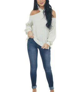 143 Story Tops Cream Glittery Halter Cold Shoulder Top