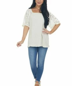 Umgee Oatmeal Floral Textured Mesh Sleeve Blouse