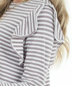 Doe & Rae Mocha And Ivory Striped Long Sleeve Top With Ruffle Detail