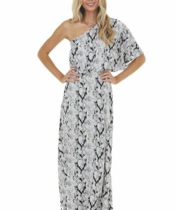 Main Strip Dove Grey Snakeskin Print Woven Maxi Dress With One Shoulder Dresses