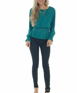 She + Sky Juniper Smocked Waist Bubble Sleeve Peplum Top Tops