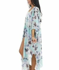 Lovely J Mint Floral Print Short Sleeve Kimono With Side Slits