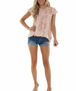 Hayden Dusty Blush Abstract Print Mock Neck Blouse Tops