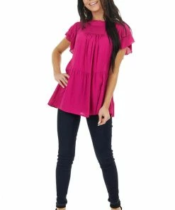 Jodifl Fuchsia High Neck Top With Double Ruffled Short Sleeves Tops