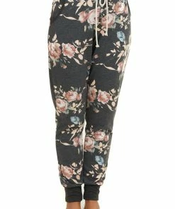7th Ray Charcoal Floral Print Jogger Sweatpants With Pocket Details