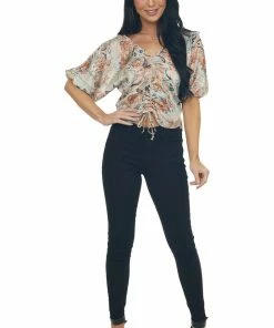 Peach Love Tops Peach Paisley Ruched Front Cropped Blouse 27 Peach Love Tops Peach Paisley Ruched Front Cropped Blouse