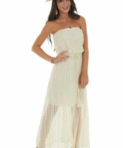143 Story Champagne Strapless Front Tie Lace Maxi Dress Dresses