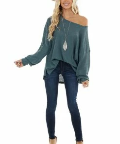 Umgee Tops Dark Teal Oversized Waffle Knit Top With Bubble Sleeves