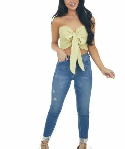 Blue Buttercup Straw Strapless Smocked Woven Crop Top With Tie Detail