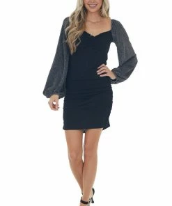 Peach Love Black Long Metallic Threaded Sleeve Mini Dress