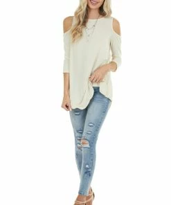 CY Fashion Dark Cream Cold Shoulder Top With Back Criss Cross Detail Tops